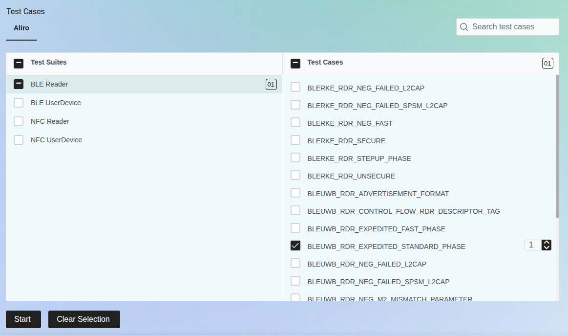 Tests selection view.