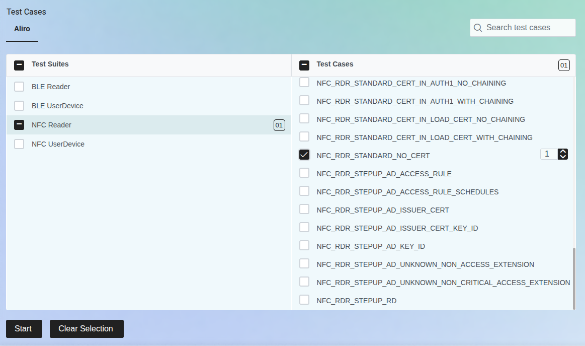 Tests selection view.