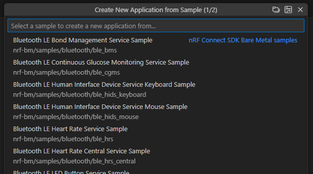 Create New Application from Sample - Quick Pick Menu