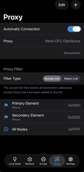 nRF Mesh app Proxy screen with Mesh DFU Distributor