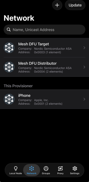 nRF Mesh app Network screen with Update button