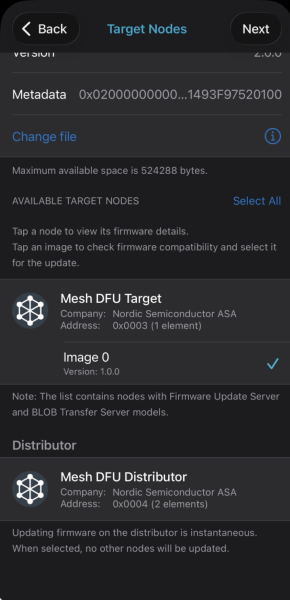 Target Nodes screen with firmware selection and node list