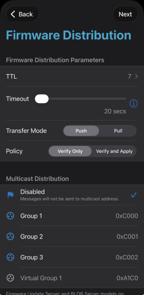 Firmware Distribution parameters (TTL, timeout, transfer mode, policy, multicast)