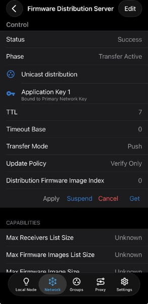 Firmware Distribution Server screen with Control (Get, Suspend, Cancel, Apply)