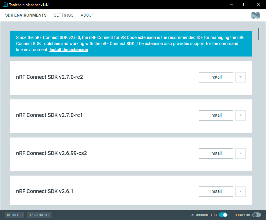 The Toolchain Manager dropdown menu for the installed nRF Connect SDK version, cropped