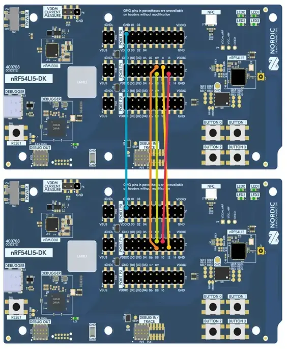 nRF54L15 DK server and client pin connections