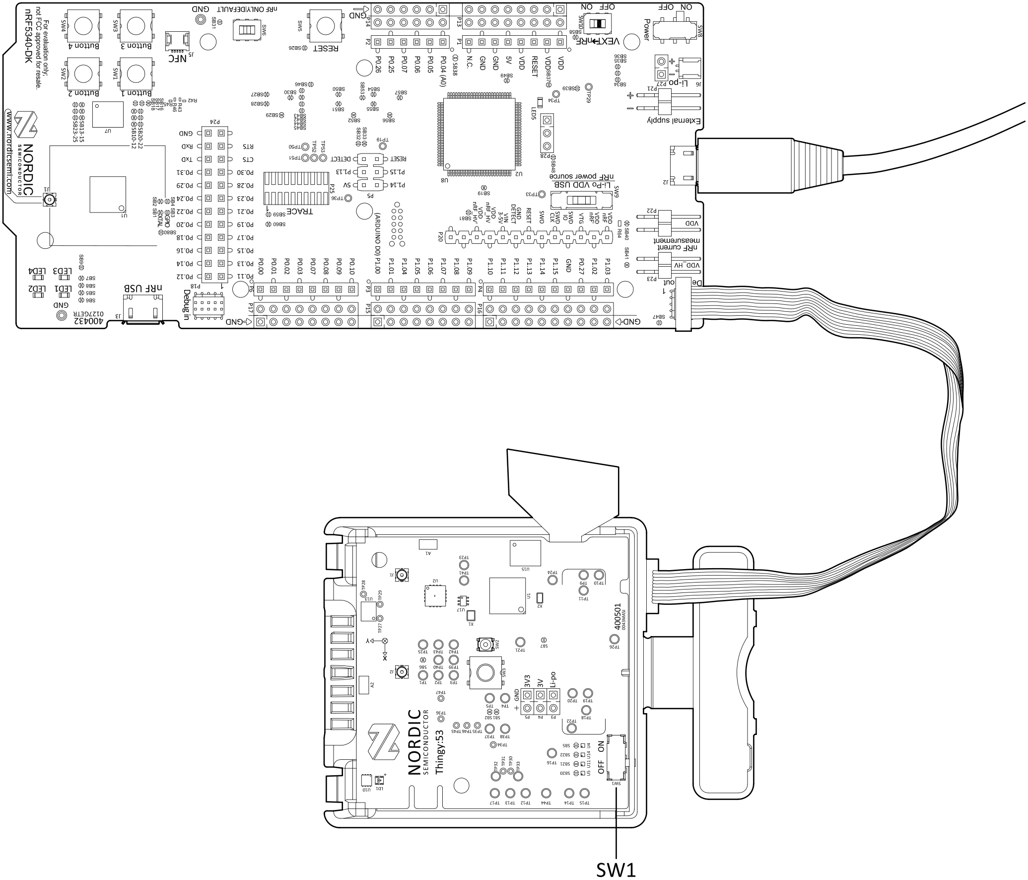 Nordic Thingy:53 connected to the debug port on a 10-pin external debug probe